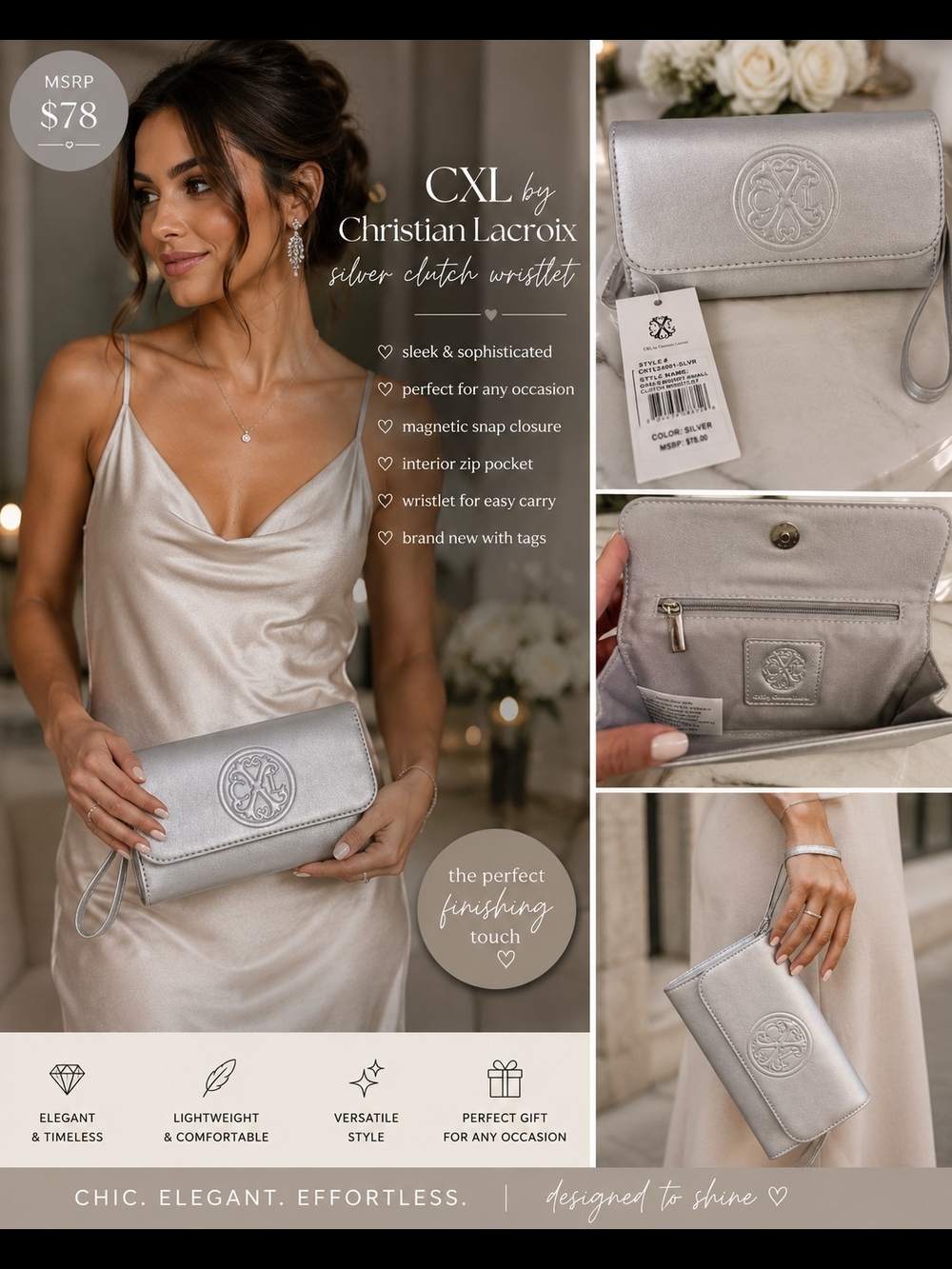 🩶 NWT CXL by Christian Lacroix Silver Clutch Wristlet | Glam Evening Bag ✨